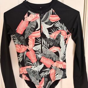 Tag Kids Swim One Piece - Black and Coral Leaf Design